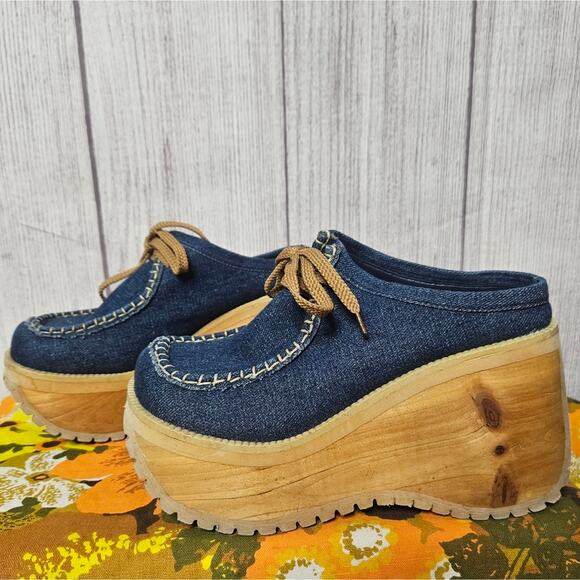 VTG Y2K Chunky Foam Wedge Denim Slip On Platforms, NATURE BREEZE - sz 6 - Picture 2 of 7